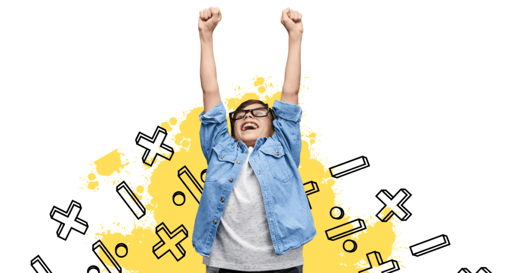 Excited child surrounded by maths symbols